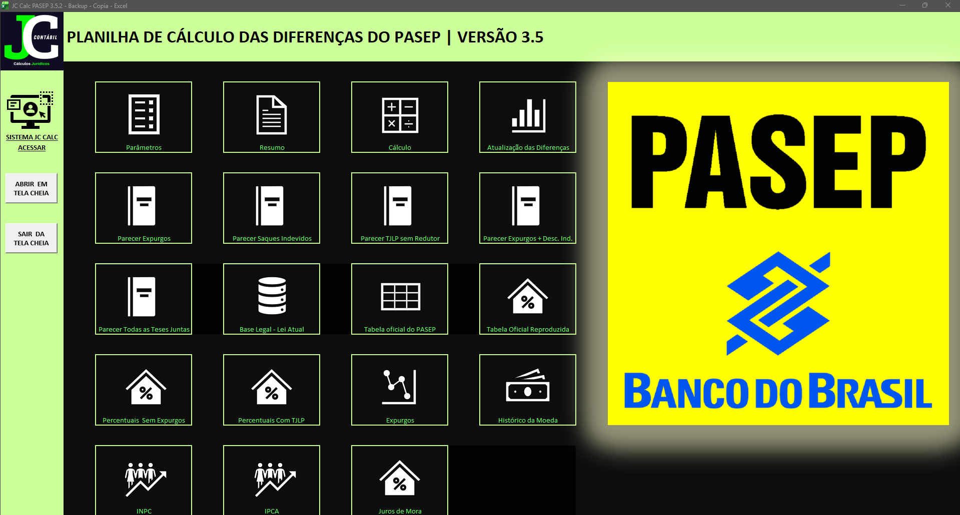 Tela principal da Planilha PASEP